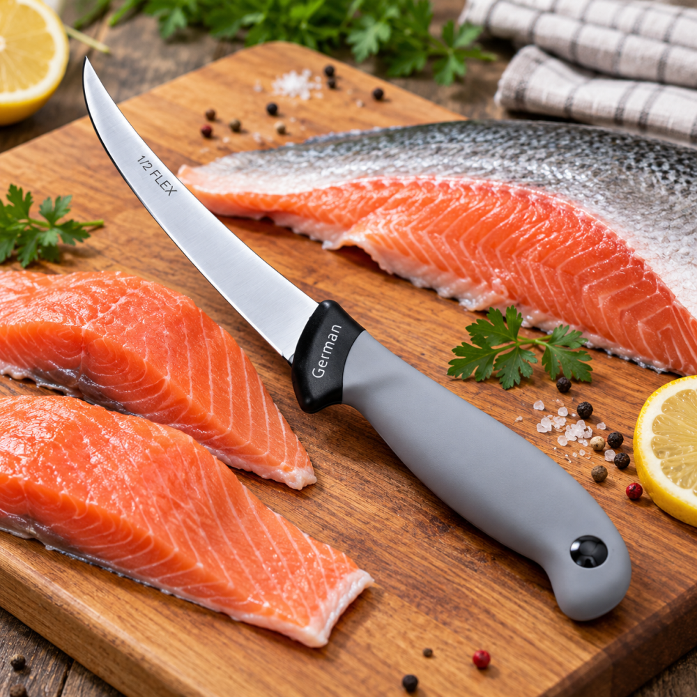 Cutit pentru filetat gri, lama flexibila curbata 12 cm, 99 g, otel inoxidabil, maner ergonomic, pentru peste, carne si portionare precisa [4]