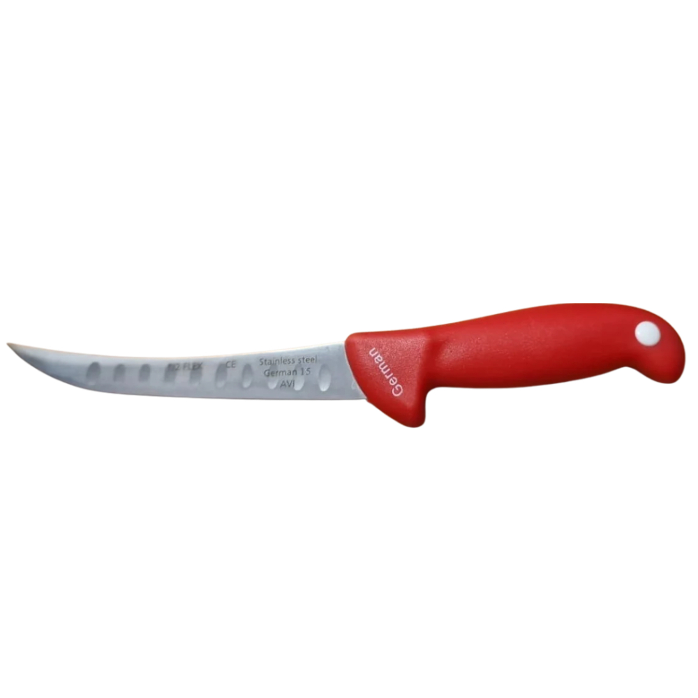 Cutit pentru filetat rosu 29 cm, lama curbata 15 cm cu alveole, 1-2 mm, otel inoxidabil, maner cu protectie, pentru carne si peste [3]