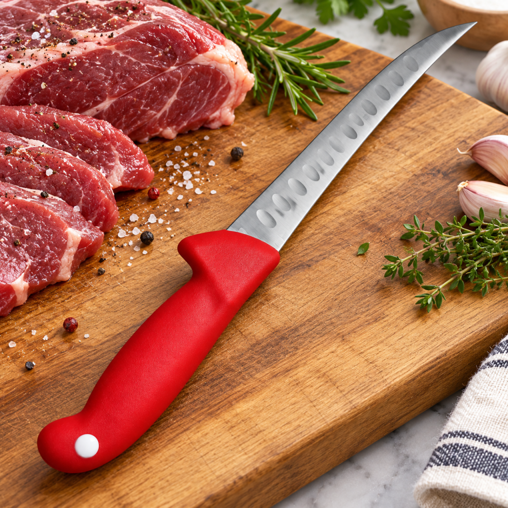 Cutit pentru filetat rosu 29 cm, lama curbata 15 cm cu alveole, 1-2 mm, otel inoxidabil, maner cu protectie, pentru carne si peste [2]