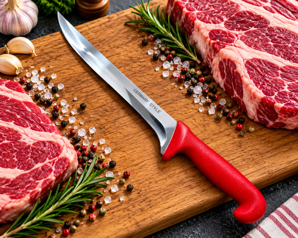 Cutit pentru injunghiere rosu 36 cm, lama curbata 21 cm, 190 g, otel inoxidabil, maner cu garda, pentru sacrificare si transare carne [2]