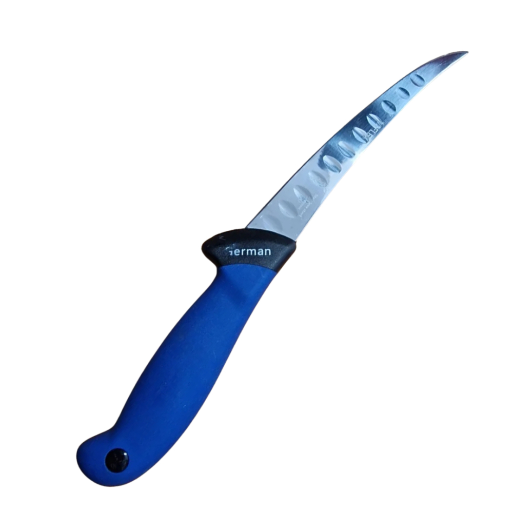 Cutit pentru transare albastru 28,5 cm, lama curbata 14 cm cu 11 alveole, 102 g, otel inoxidabil, pentru carne, peste si dezosare usoara [4]