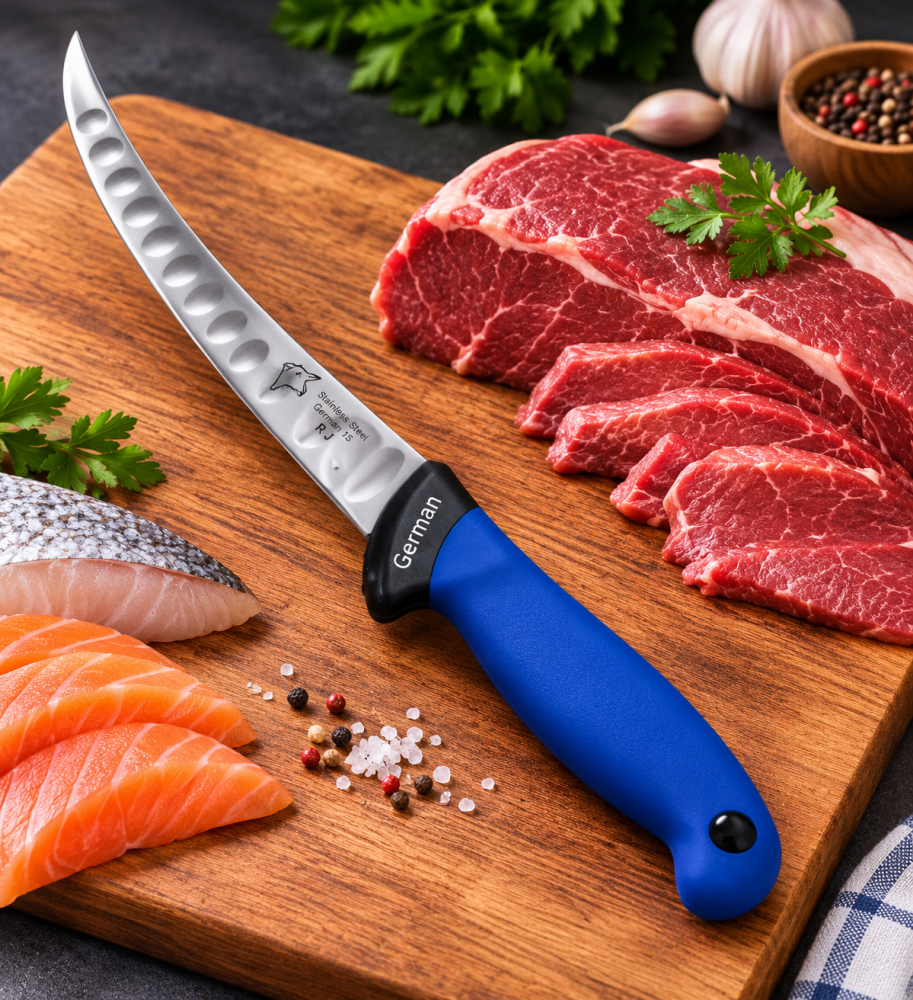 Cutit pentru transare albastru 28,5 cm, lama curbata 14 cm cu 11 alveole, 102 g, otel inoxidabil, pentru carne, peste si dezosare usoara [2]
