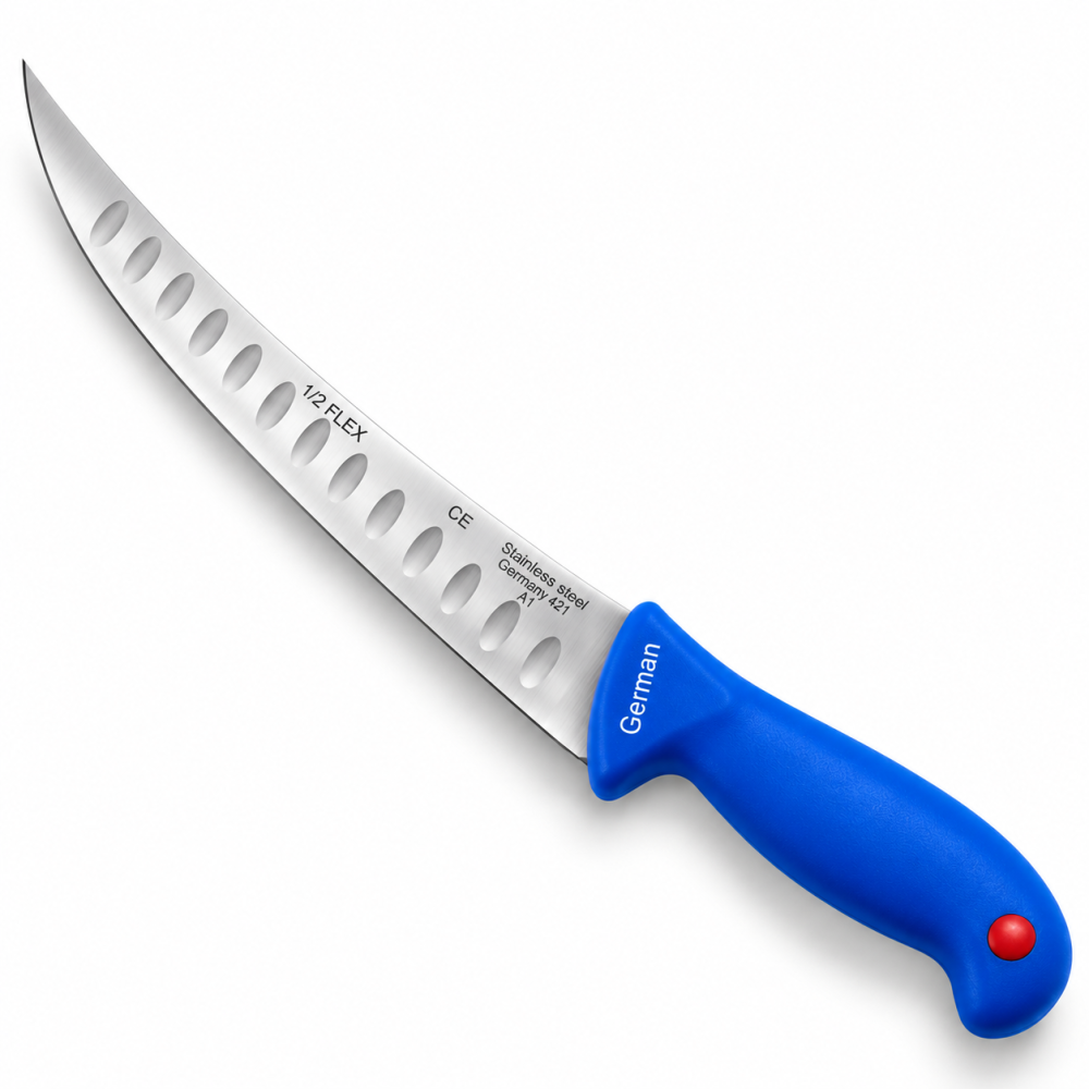 Cutit pentru transare albastru 33 cm, lama flexibila 21 cm cu alveole, 115 g, otel inoxidabil, maner ergonomic, pentru filetat carne si peste [4]