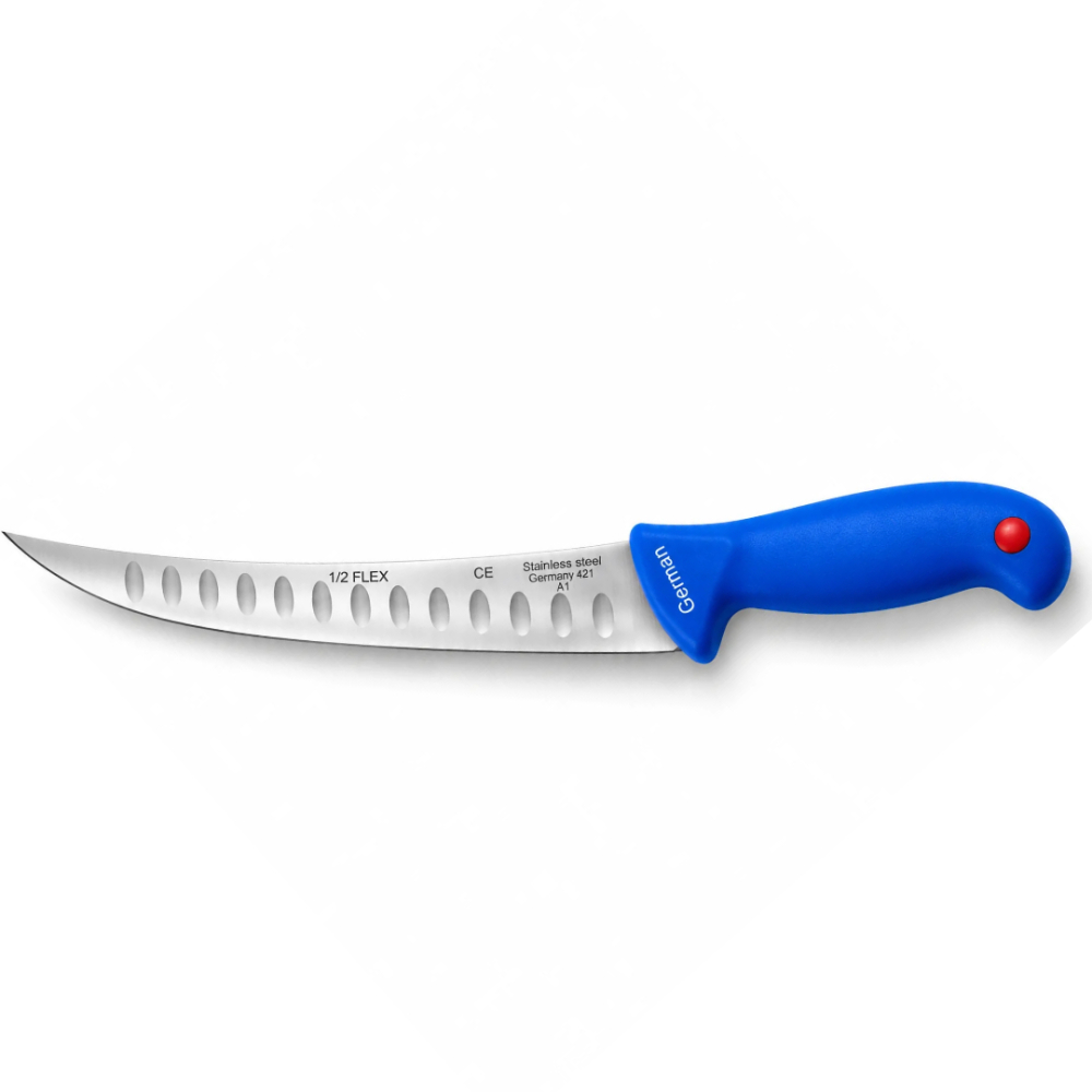 Cutit pentru transare albastru 33 cm, lama flexibila 21 cm cu alveole, 115 g, otel inoxidabil, maner ergonomic, pentru filetat carne si peste [3]