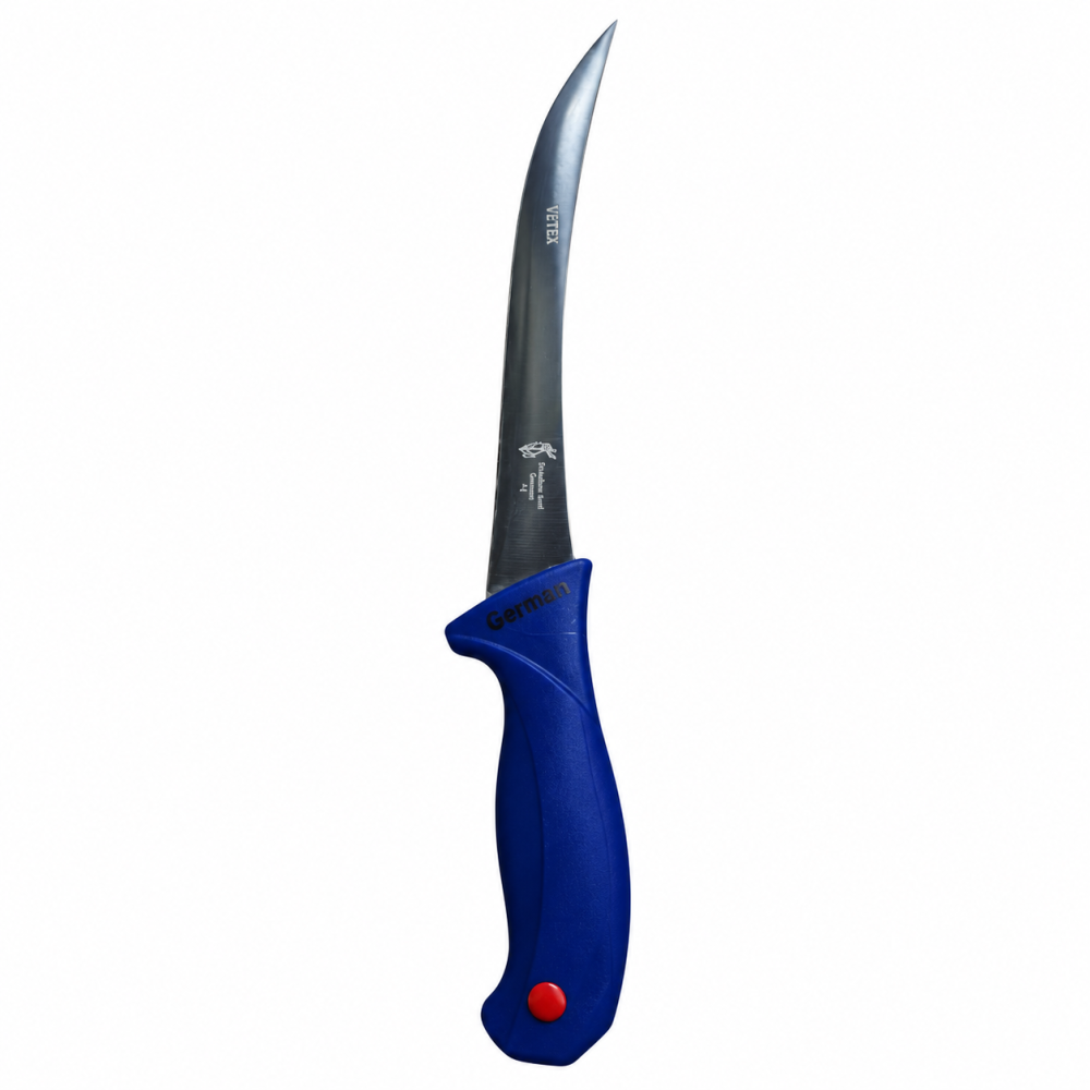 Cutit pentru transare albastru indigo 30 cm, lama curbata 16,5 cm, grosime 2 mm, 97 g, otel inoxidabil, pentru filetare si fasonare [2]