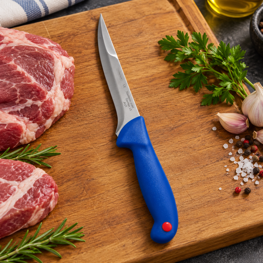 Cutit pentru transare albastru, lama curbata 13,5 cm din otel inoxidabil, maner ergonomic, pentru fasonare, curatare si portionare carne [2]