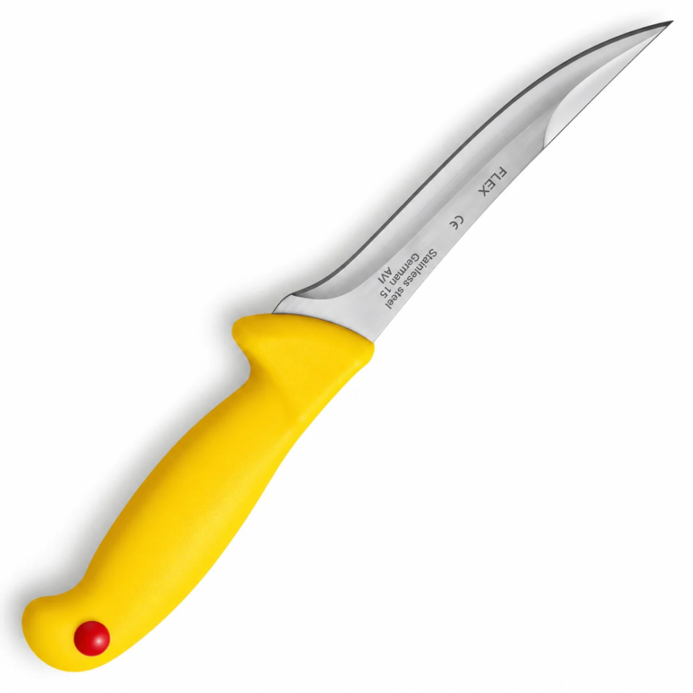Cutit pentru transare galben 27,5 cm, lama curbata flexibila 13,5 cm, 115 g, otel inoxidabil, maner ergonomic cu protectie, pentru carne si peste [2]