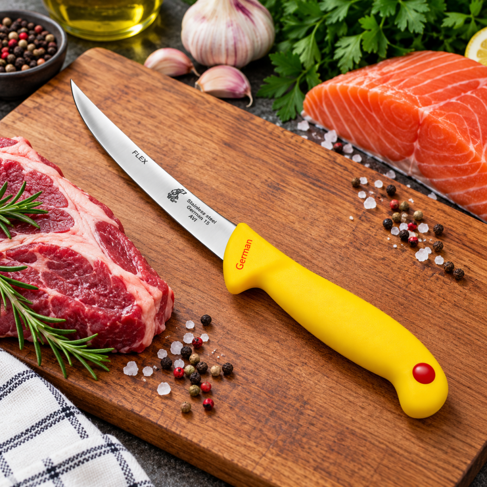 Cutit pentru transare galben 28,5 cm, lama flexibila curbata 14,5 cm, 96 g, otel inoxidabil, maner cu protectie, pentru carne si peste [4]