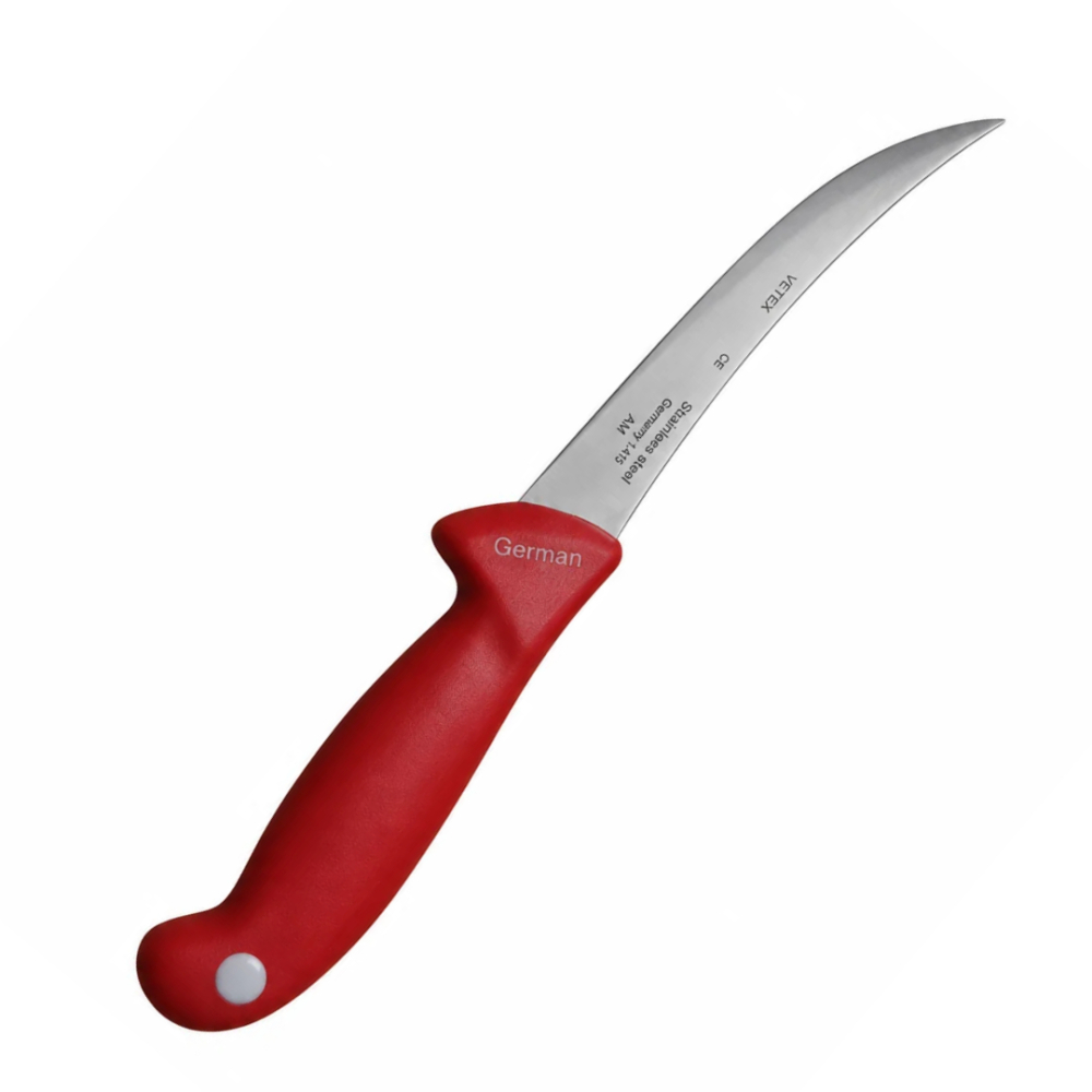 Cutit pentru transare rosu 29 cm, lama curbata 15 cm, grosime 1-2 mm, otel inoxidabil, maner ergonomic cu protectie, pentru carne si peste [3]
