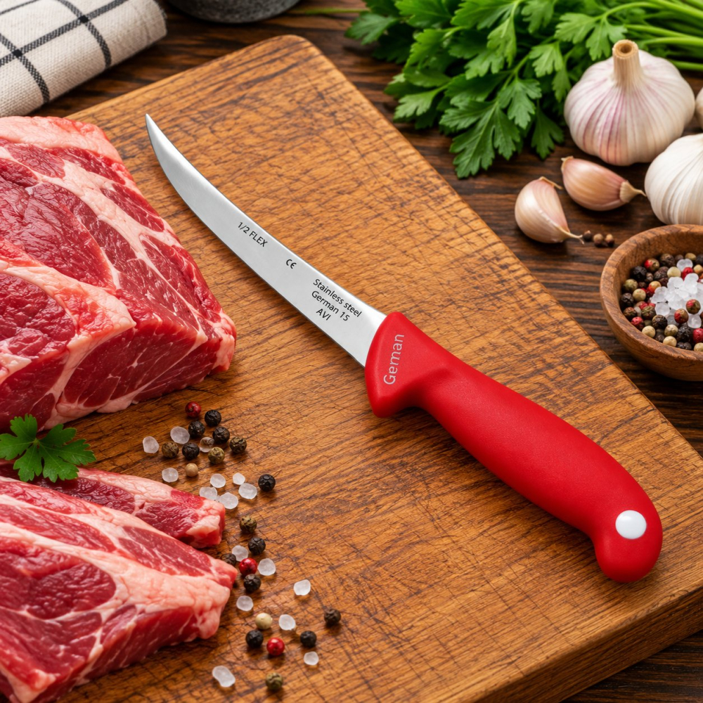 Cutit pentru transare rosu 29 cm, lama flexibila curbata 15 cm, 1-2 mm, 89 g, otel inoxidabil, maner cu protectie, pentru carne si peste [3]
