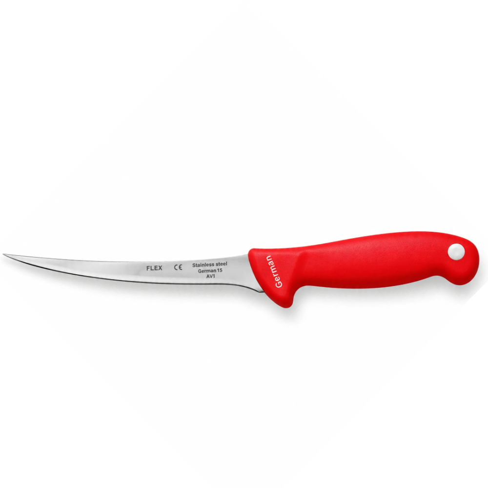 Cutit pentru transare rosu 31 cm, lama flexibila curbata 17 cm, 80 g, otel inoxidabil, maner ergonomic cu protectie, pentru peste si carne [4]