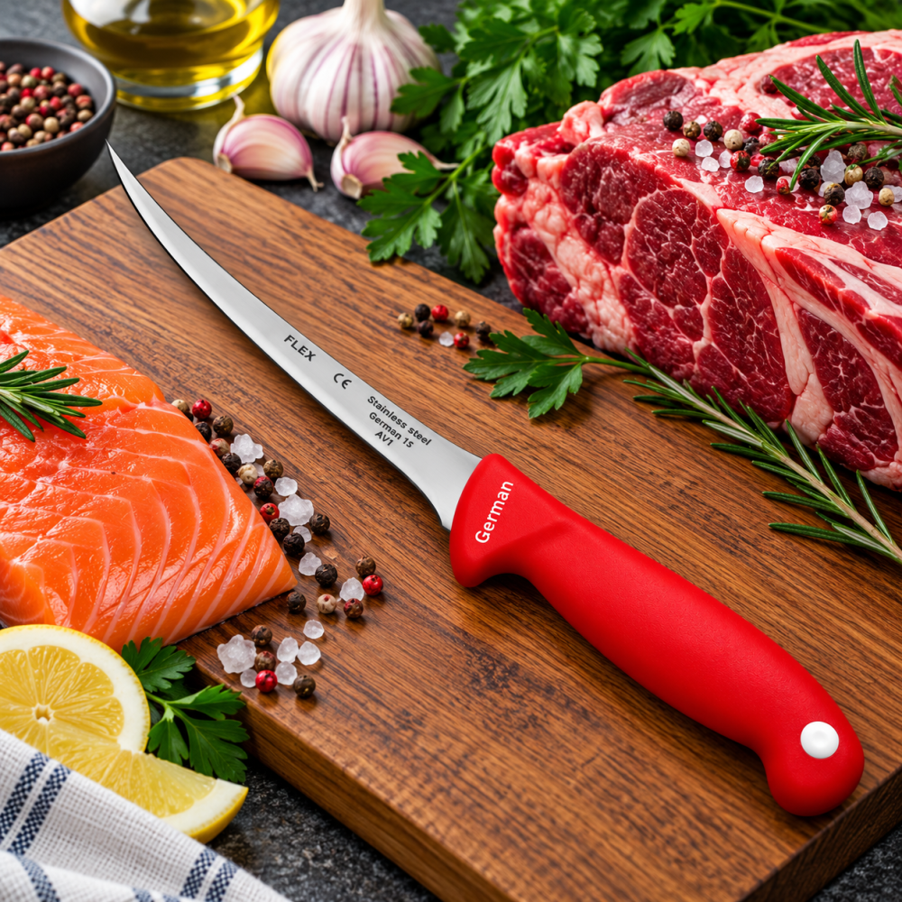 Cutit pentru transare rosu 31 cm, lama flexibila curbata 17 cm, 80 g, otel inoxidabil, maner ergonomic cu protectie, pentru peste si carne [3]