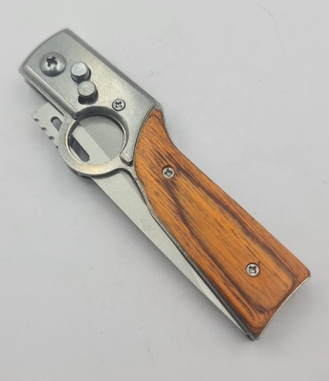 Cutit pliabil cu deschidere pe buton, lama din otel, maner din lemn, lungime totala 21 cm, husa inclusa [2]