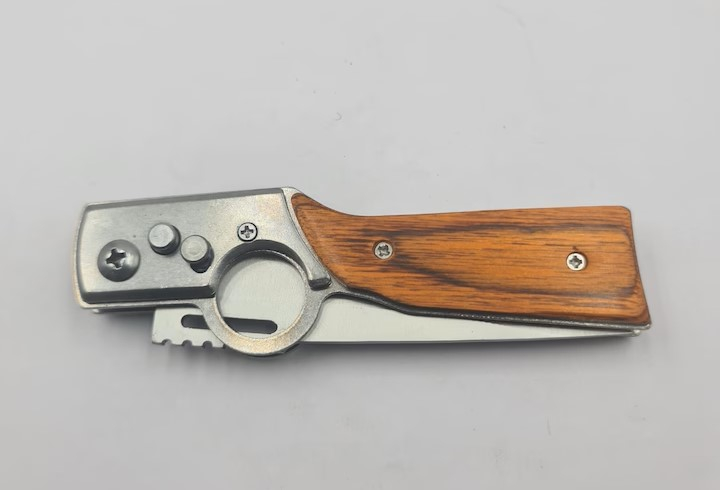 Cutit pliabil cu deschidere pe buton, lama din otel, maner din lemn, lungime totala 21 cm, husa inclusa [4]