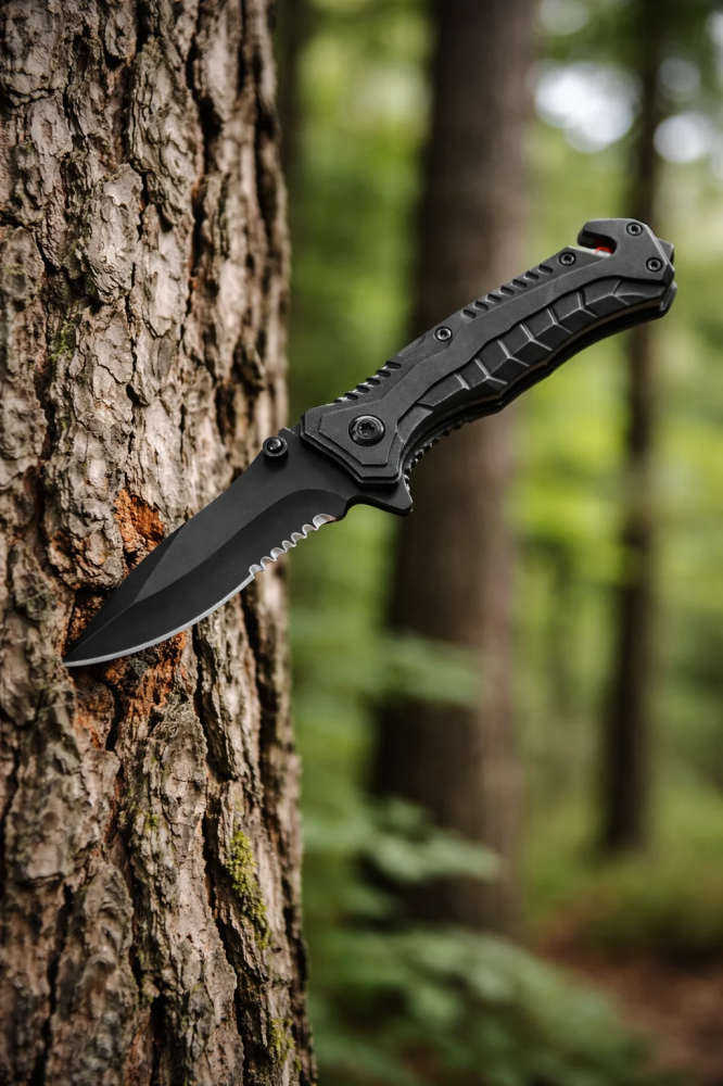 Cutit pliabil de urgenta cu spargator geam si taietor centura, metalic, negru, 20.5 cm, sistem siguranta [5]