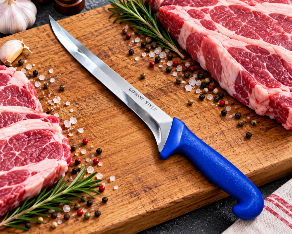 Cutit profesional albastru 36 cm, lama curbata 21 cm, 190 g, otel inoxidabil, maner ergonomic cu garda, pentru spintecare si procesare carne [2]