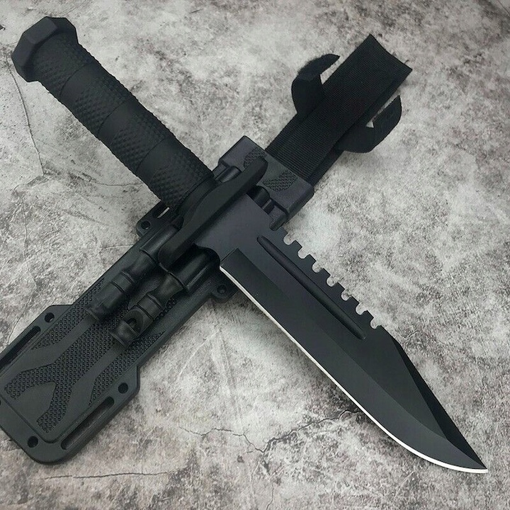 Cutit vanatoare tactic militar cu teaca multifunctionala, otel 420J2, lama fixa 31 cm, ascutitor, amnar si fluier incluse [7]