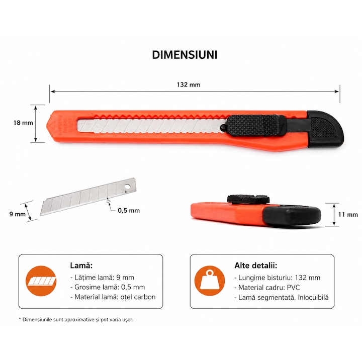 Cutter utilitar 9 mm compact, lama segmentata din otel carbon, sistem blocare siguranta, pentru taiere precisa carton si folie [6]