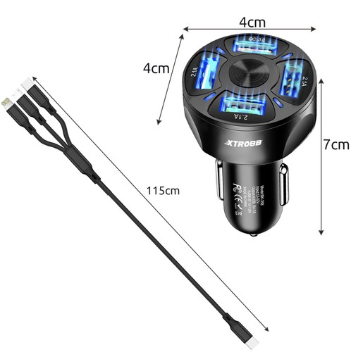 Incarcator auto 12-32V, incarcare rapida, 4x USB + cablu incarcare rapida 3in1 115 cm - Negru [8]
