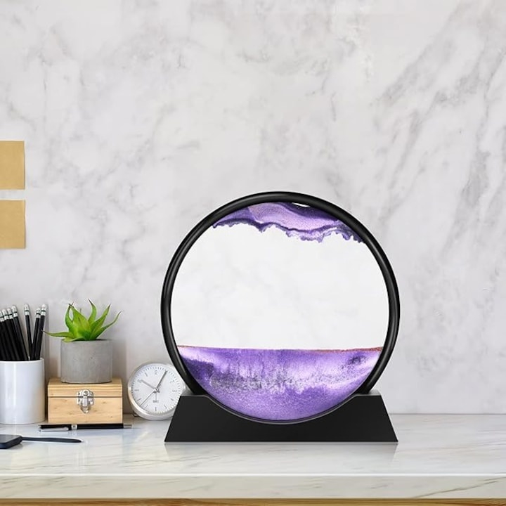 Decoratiune 3D de masa cu nisip in miscare, tip clepsidra, plastic si sticla, 18 x 9 cm, mov – efect vizual relaxant si design modern [8]