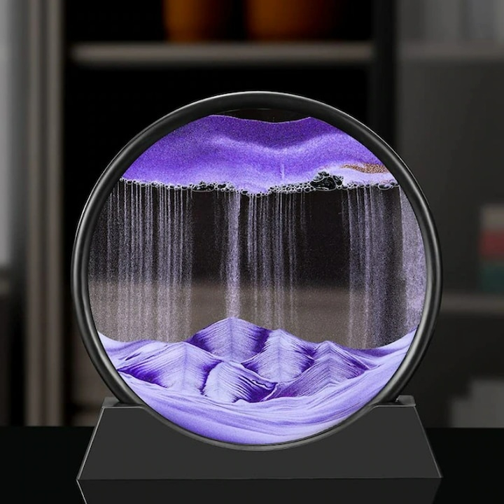 Decoratiune 3D de masa cu nisip in miscare, tip clepsidra, plastic si sticla, 18 x 9 cm, mov – efect vizual relaxant si design modern [13]