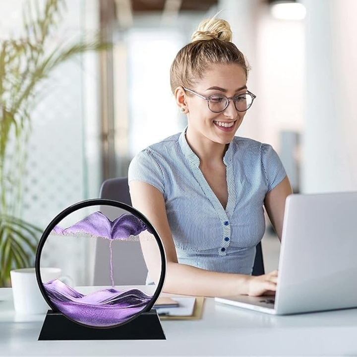 Decoratiune 3D de masa cu nisip in miscare, tip clepsidra, plastic si sticla, 18 x 9 cm, mov – efect vizual relaxant si design modern [6]