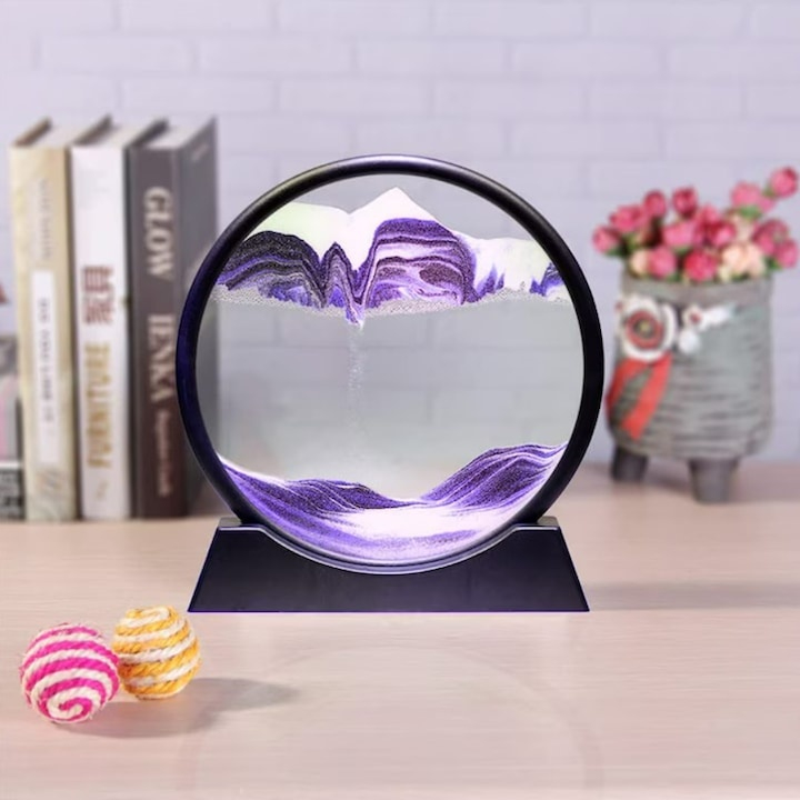 Decoratiune 3D de masa cu nisip in miscare, tip clepsidra, plastic si sticla, 18 x 9 cm, mov – efect vizual relaxant si design modern [11]