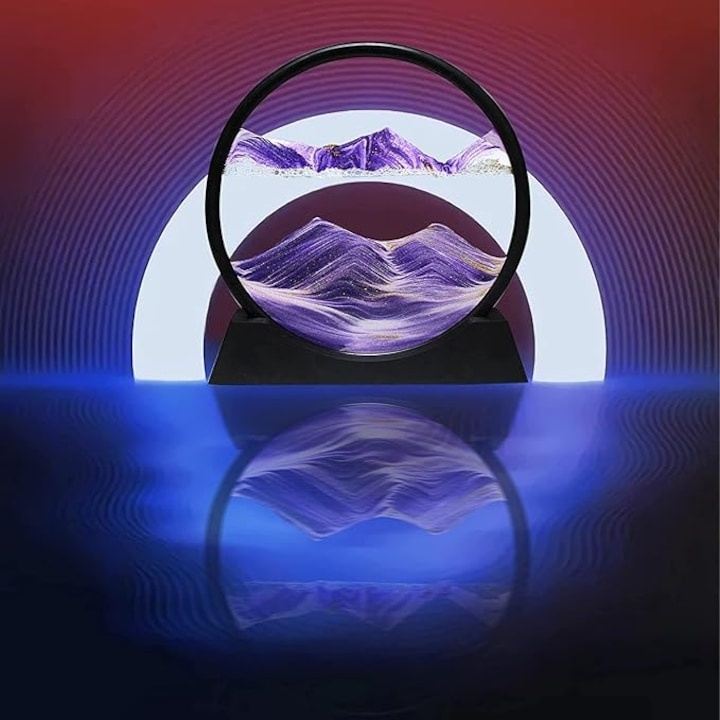 Decoratiune 3D de masa cu nisip in miscare, tip clepsidra, plastic si sticla, 18 x 9 cm, mov – efect vizual relaxant si design modern [9]