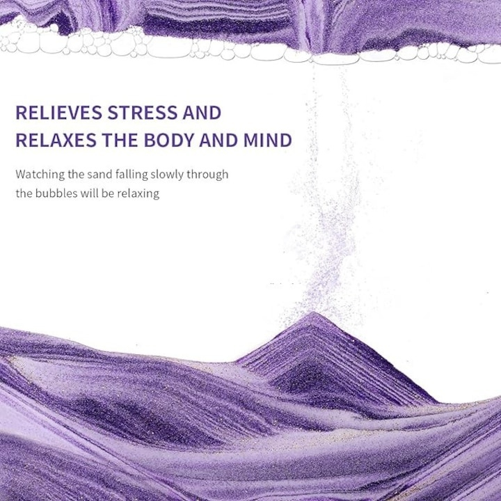 Decoratiune 3D de masa cu nisip in miscare, tip clepsidra, plastic si sticla, 18 x 9 cm, mov – efect vizual relaxant si design modern [7]