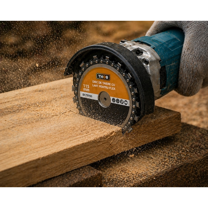 Disc taiere lemn 115 mm cu lant 9 dinti, pentru polizor unghiular, debitare rapida material lemnos, alezaj 22 mm [2]
