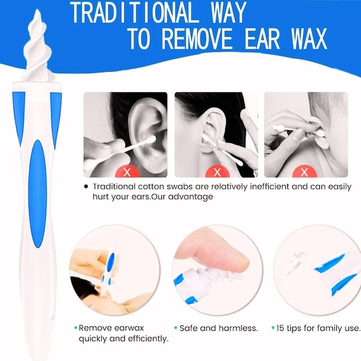 Dispozitiv curățare urechi, Dodaco, 16 vârfuri silicon, alb/albastru, utilizare familiala [5]