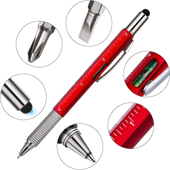 Dispozitiv multifunctional 6 in 1, pix, rigla, 2 surubelnite, boloboc si stylus pentru ecran tactil, 15 x 1.5 cm, rosu – un instrument practic, elegant si versatil pentru uz zilnic [6]