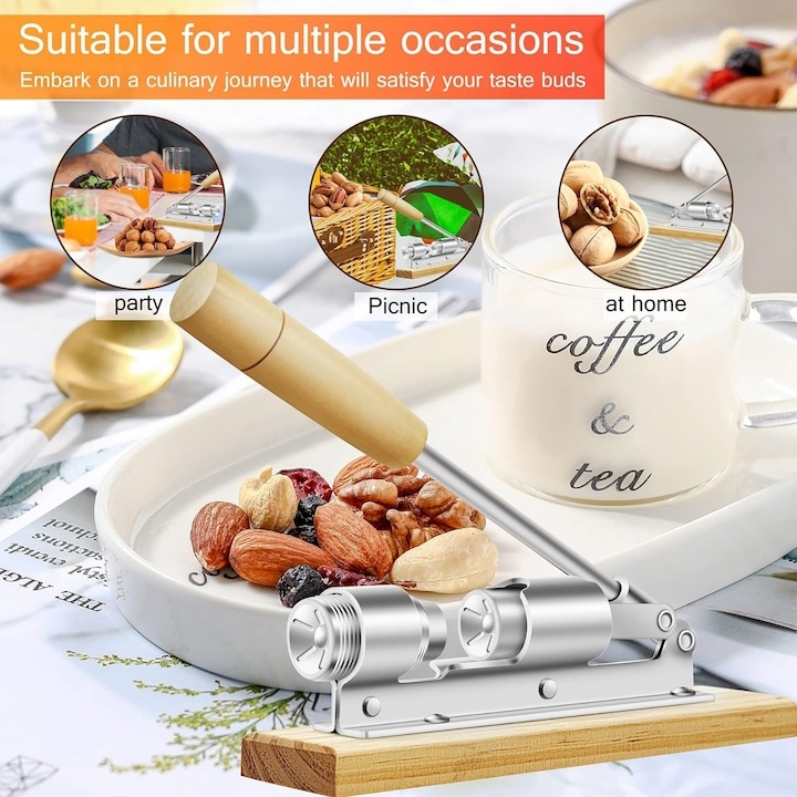 Dispozitiv pentru spart nuci si alune, multifunctional, cu baza din lemn si structura metalica, argintiu [4]