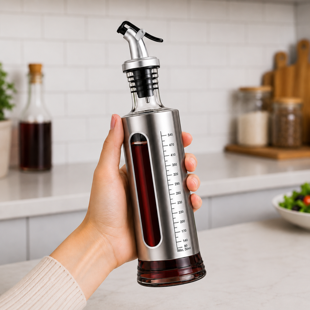 Dozator pentru otet 500 ml, argintiu, 29 x 7 cm, recipient din sticla cu protectie inox, cioc dozator, scala gradata, ideal pentru salate si marinare [8]