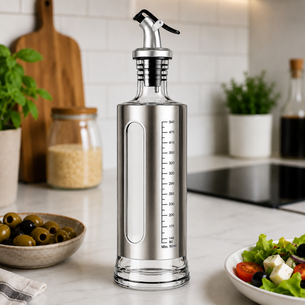 Dozator pentru otet 500 ml, argintiu, 29 x 7 cm, recipient din sticla cu protectie inox, cioc dozator, scala gradata, ideal pentru salate si marinare [6]