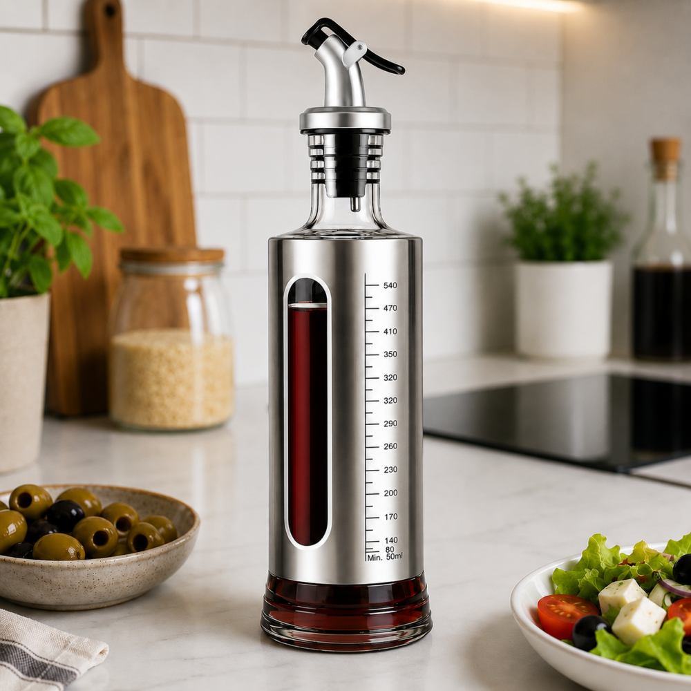 Dozator pentru ulei, otet sau sosuri lichide 500 ml, argintiu, 29 x 7 cm, recipient din sticla cu invelis inox, scala gradata si cioc de turnare [3]