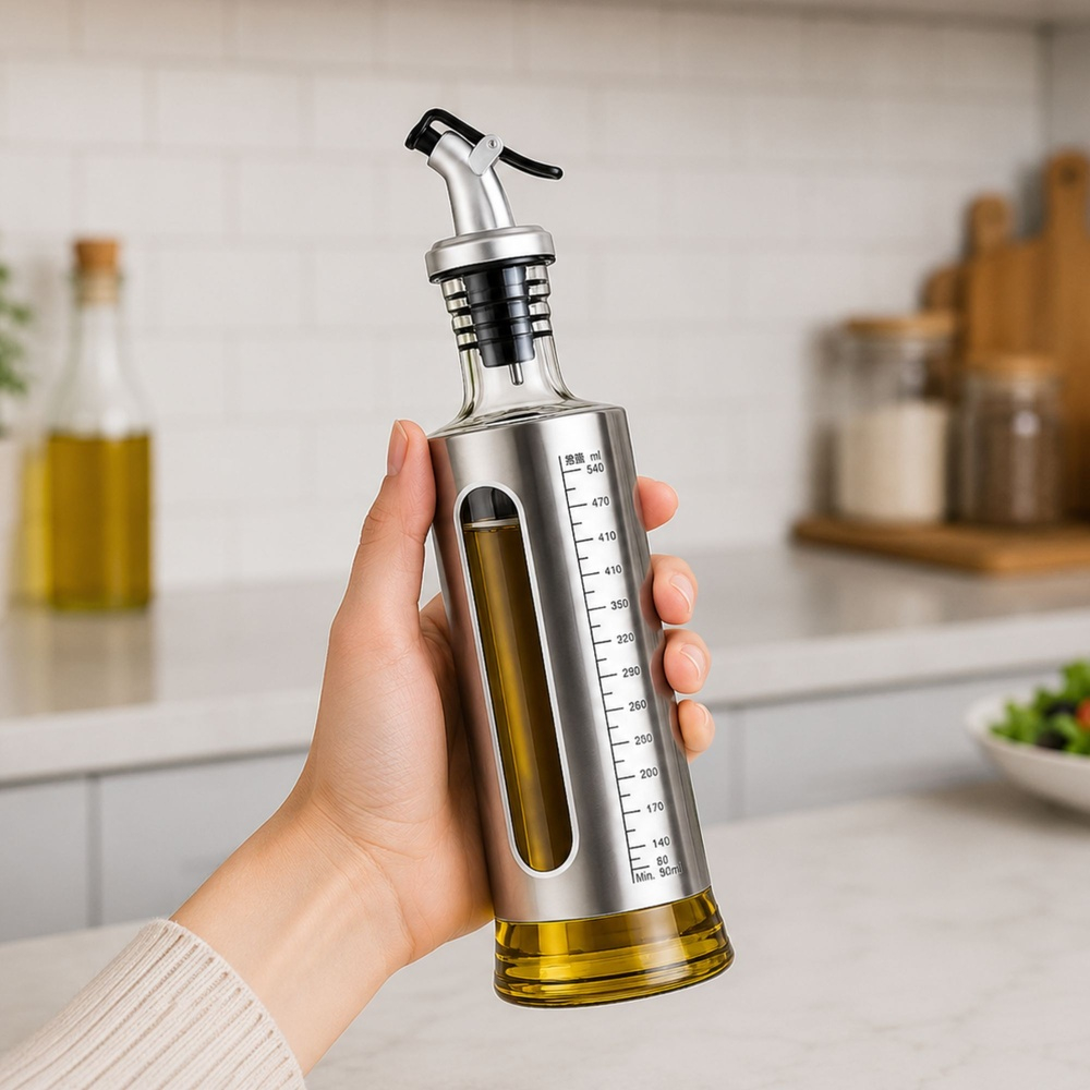 Dozator pentru ulei, otet sau sosuri lichide 500 ml, argintiu, 29 x 7 cm, recipient din sticla cu invelis inox, scala gradata si cioc de turnare [9]