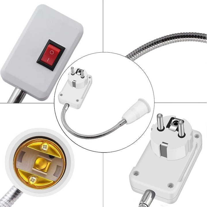 Dulie cu intrerupator si stecher, cu bec LED E27 5W, alb neutru 4500K, brat flexibil, alb [5]