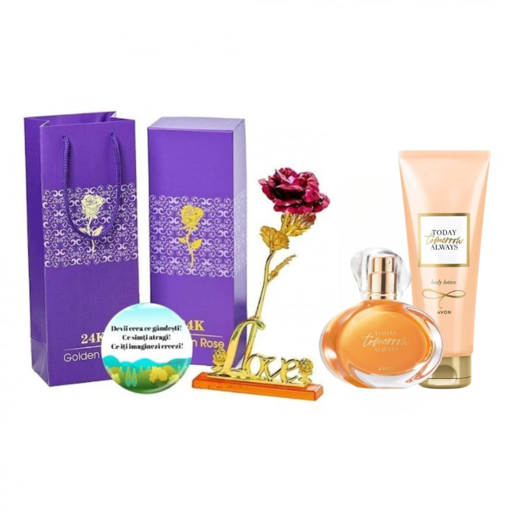 Set complet pentru Ea TTA Tomorrow (apa de parfum, lotiune de corp), insotit de insigna Dactylion cu mesaj motivational, cadou un trandafir rosu suflat la baza cu aur