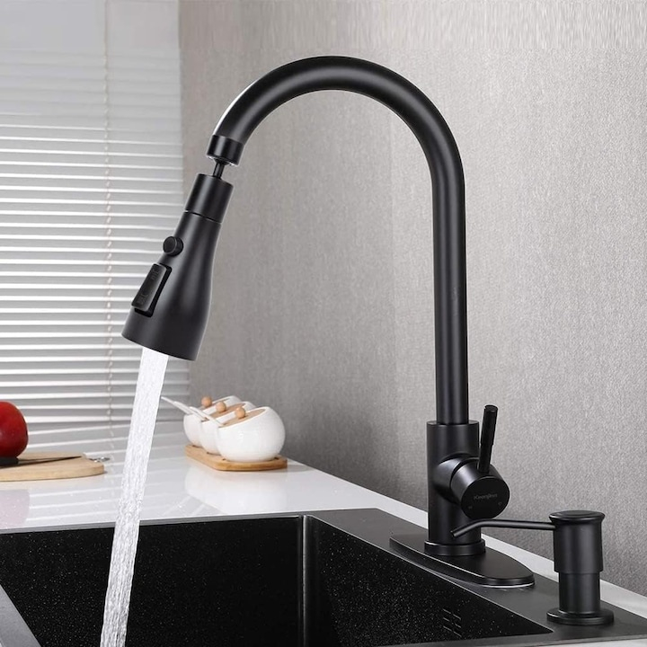 Extensie pentru robinet, 3 tipuri de jet, rotativ 360°, ABS/otel inoxidabil, economisire consum apa, universal, negru, 14 x 5 x 2.2 cm [5]