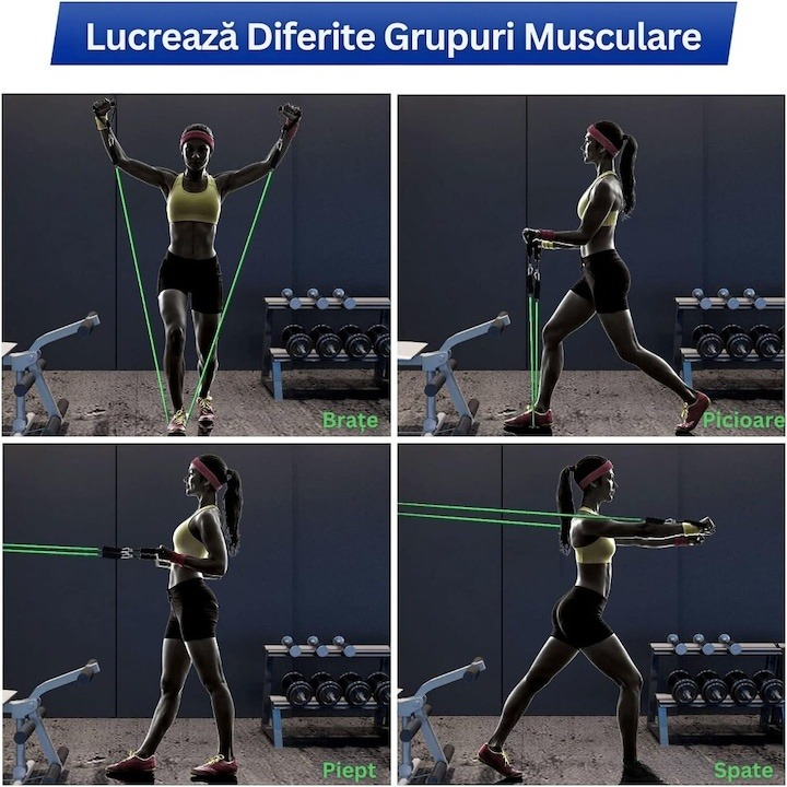 Extensor cu 5 benzi elastice de rezistenta pentru antrenament fitness, accesorii incluse, benzi din latex cu intensitati diferite, manere antiderapante, prindere la usa, saculet transport, 110 cm, mul [8]