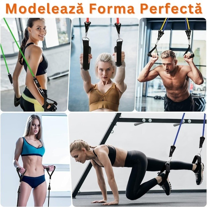 Extensor cu 5 benzi elastice de rezistenta pentru antrenament fitness, accesorii incluse, benzi din latex cu intensitati diferite, manere antiderapante, prindere la usa, saculet transport, 110 cm, mul [3]