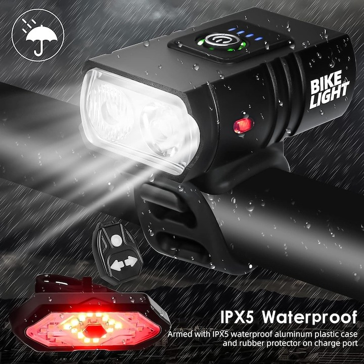Far de bicicleta, model Bike Light, autonomie 4 ore, alimentare USB, rezistent la apa, indicator LED a bateriei si semnalizare Wireless [2]