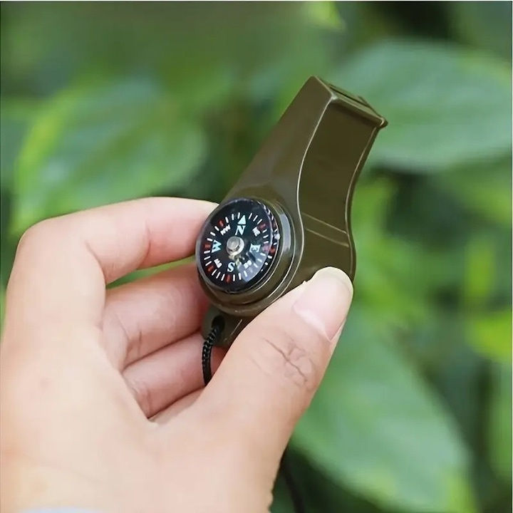 Fluier 3 in 1 cu busola si termometru pentru drumetii, camping si supravietuire, snur transport 40 cm, verde [7]