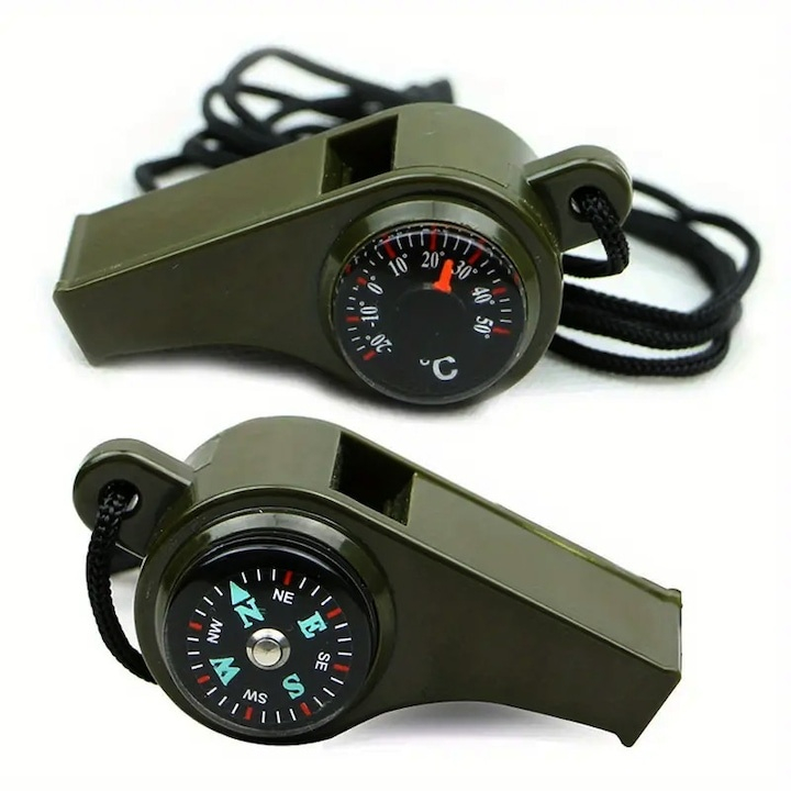 Fluier 3 in 1 cu busola si termometru pentru drumetii, camping si supravietuire, snur transport 40 cm, verde [2]