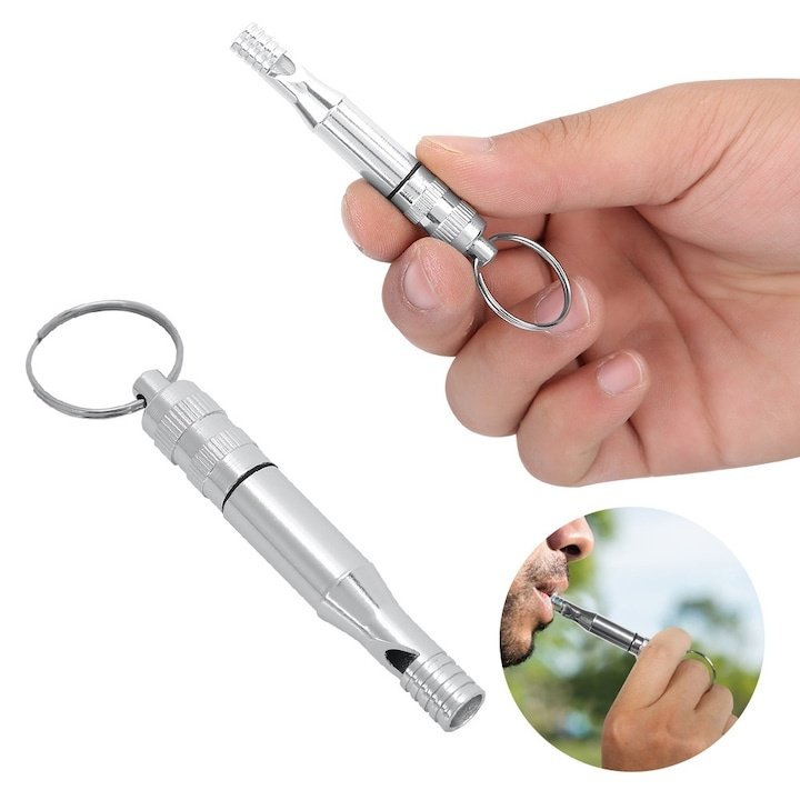 Fluier supravietuire aluminiu cu compartiment depozitare impermeabil si inel prindere, 73 mm, argintiu [4]