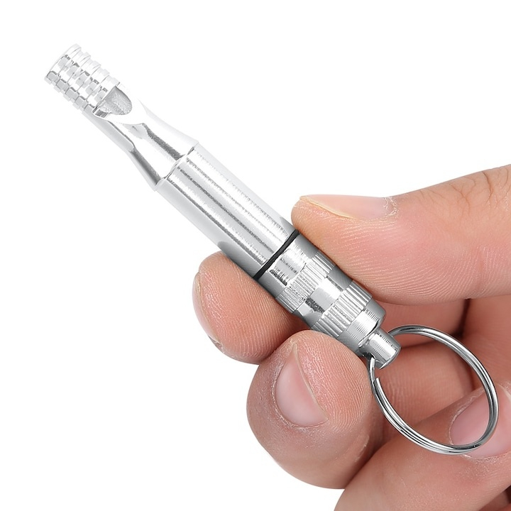 Fluier supravietuire aluminiu cu compartiment depozitare impermeabil si inel prindere, 73 mm, argintiu [5]