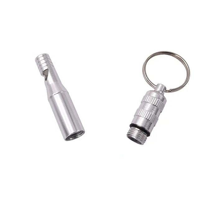 Fluier supravietuire aluminiu cu compartiment depozitare impermeabil si inel prindere, 73 mm, argintiu [7]