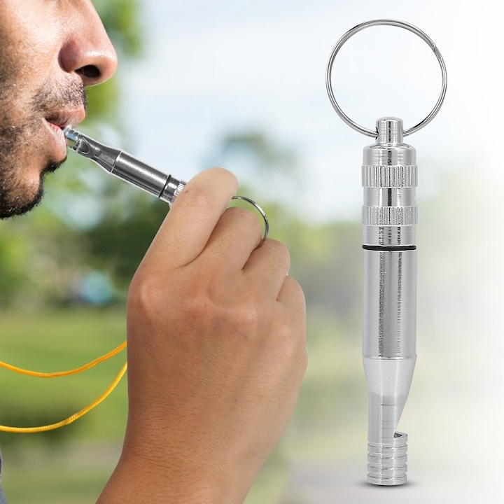 Fluier supravietuire aluminiu cu compartiment depozitare impermeabil si inel prindere, 73 mm, argintiu [3]