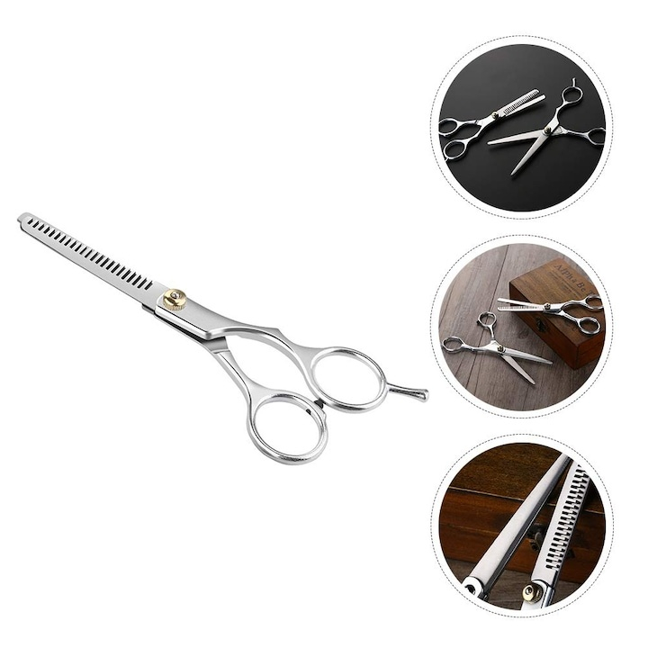 Foarfeca de filat pentru tuns parul, nivel incepator, ergonomica, din otel inoxidabil, argintie cu detalii aurii, 16x6 cm – precizie si confort pentru coafuri perfecte [2]